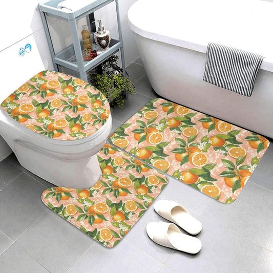 Bathroom Rugs Sets 3 Piece - Orange Light Pink Print Absorbent Non Slip Washable Bath Mats, U-Shape Toilet Lid Cover, Contour Mat, Soft Shower Mats Bath Rug Mat for Bathroom Tub Toilet
