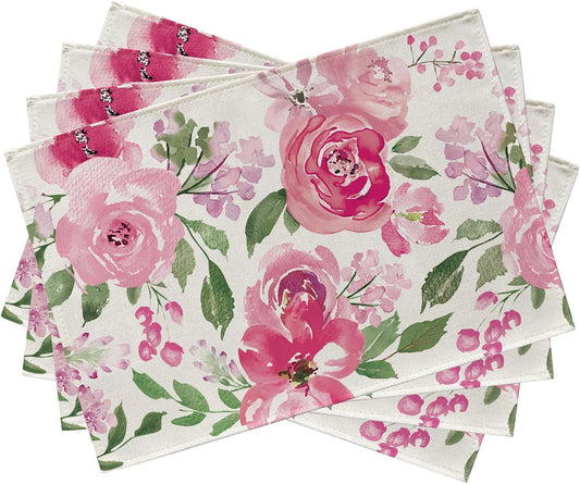 Seliem Spring Summer Watercolor Flower Placemats Set of 4, Pink Peony Floral Dining Table Place Mats, Seasonal Kitchen Decor Home Decoration 12 x 18 Inch