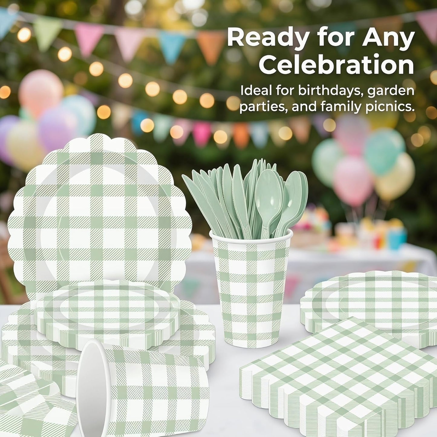 350 PCS Sage Green Gingham Party Supplies,Pink Gingham Birthday Party Set with 9" & 7" Gingham Plates, Napkins, Forks, Knives, Spoons,Perfect for Baby Shower Decorations,Wedding, Outdoor Picnic