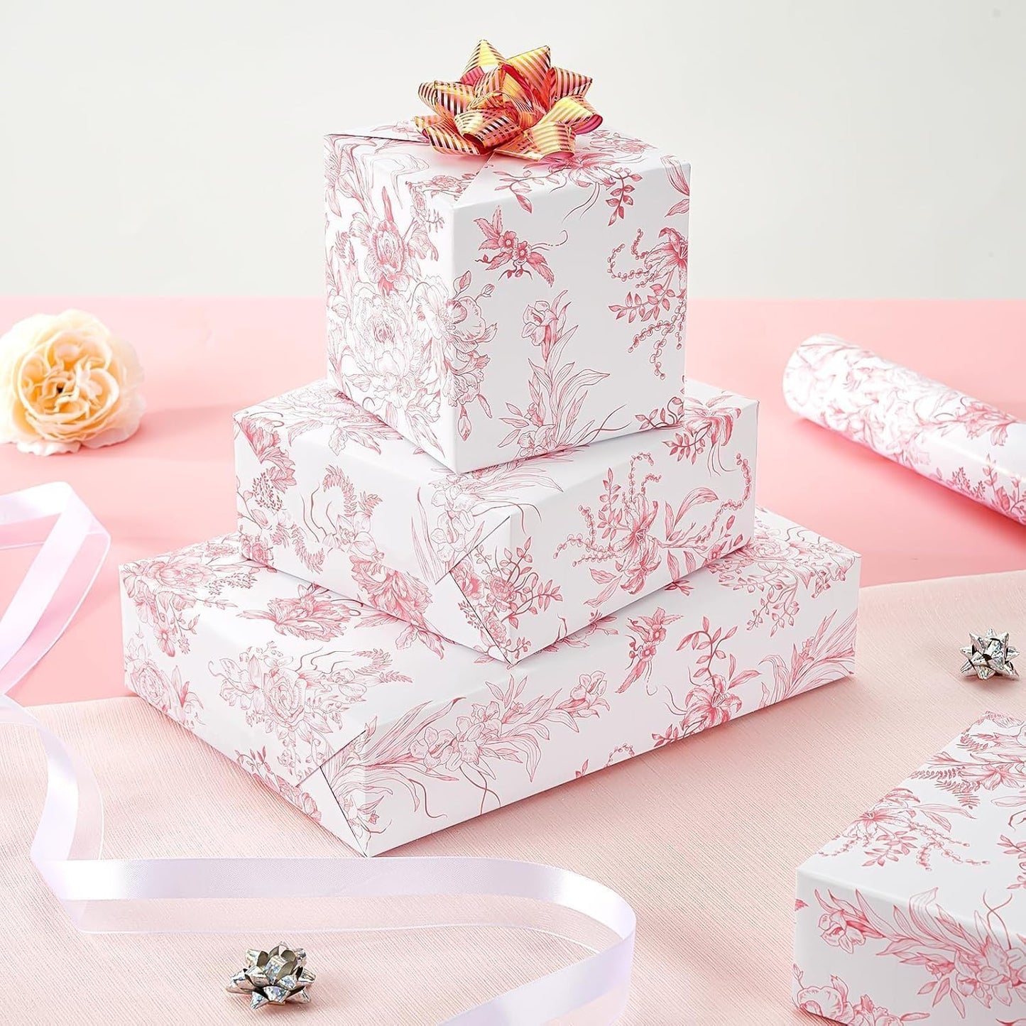 WERNNSAI Pink Floral Wrapping Paper - 1 Roll 17”x 33 ft Vintage Toile Flower Gift Wrap Baby Shower Wrapping Paper for Girls Women Birthday Wedding Bridal Shower Supplies