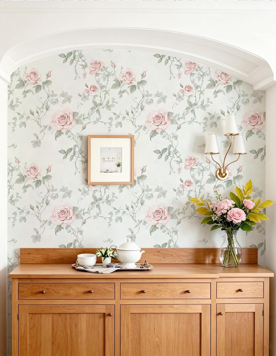 Floral Peel and Stick Wallpaper Pink Flower Wall Paper Vintage Botanical Green Leaf Contact Paper for Cabinet Bedroom Waterproof Self Adhesive Removable Vinyl Roll Deco 17.3" x 78.7"