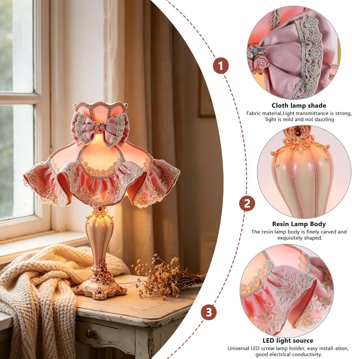 Victorian Pink Table Lamp, Princess Style Bedside Lamp with Lace Ruffle & Bow, Resin Desk Lamp for Bedroom Living Room Vanity