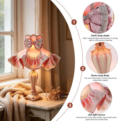 Victorian Pink Table Lamp, Princess Style Bedside Lamp with Lace Ruffle & Bow, Resin Desk Lamp for Bedroom Living Room Vanity
