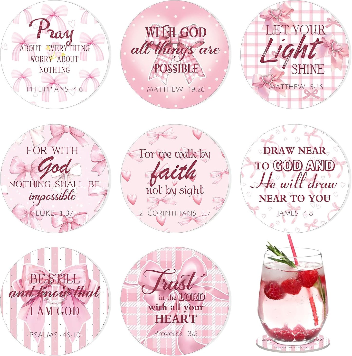 Hushee Valentines Christian Pink Bow Coquette Coasters with Bible Verses Coasters Set of 8 Bowknot Mini Drink Ceramic Pink Inspirational Quotes for Party Home Office Table Galentines Gifts