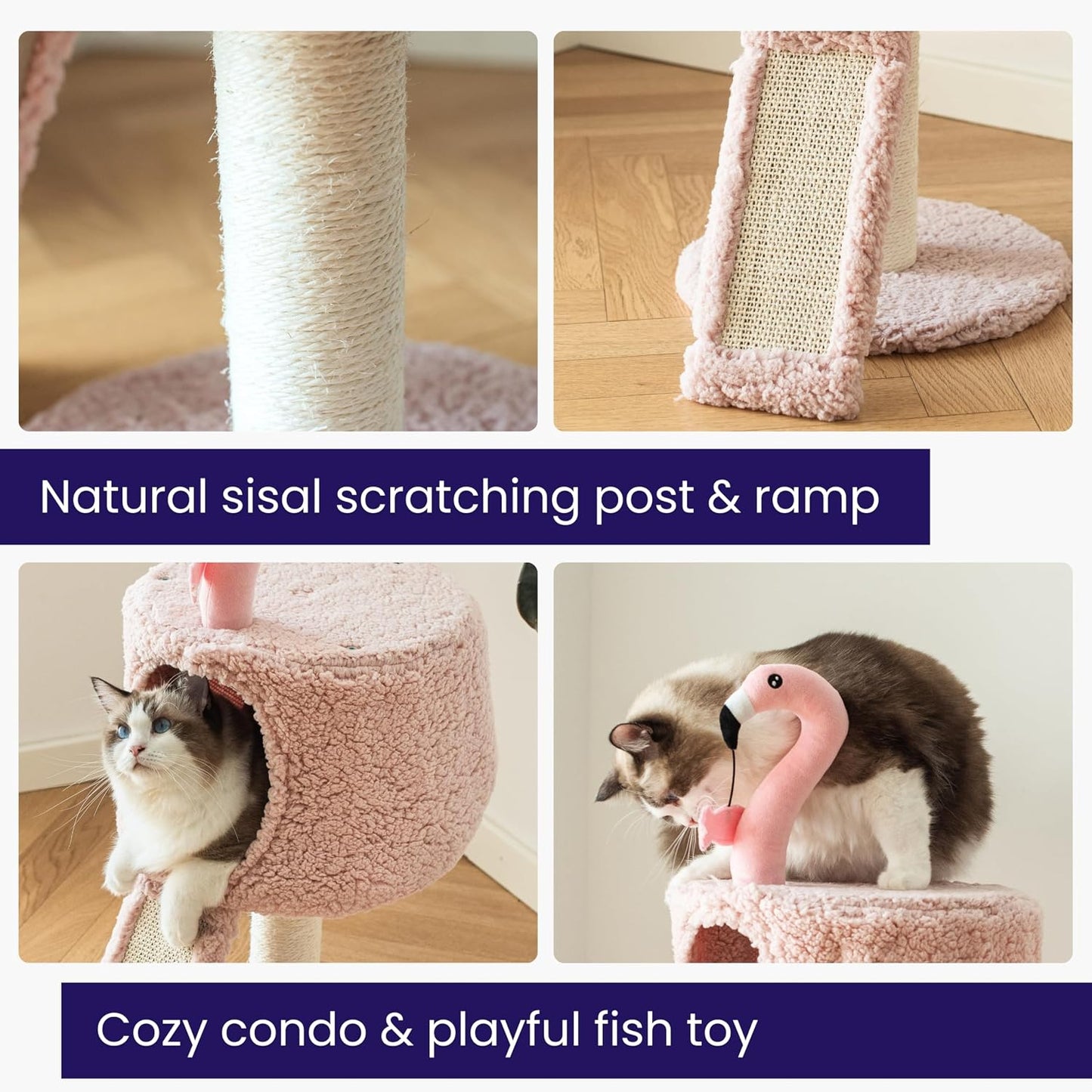 Catry 2-Level Small Cat Tree with Condo, Sisal Scratching Ramp & Post | Cute Pink Flamingo-themed Cat Tree with a Cozy Condo, Replaceable Sisal Scratching Posts, Sisal Ramp, and a Built-in Toy