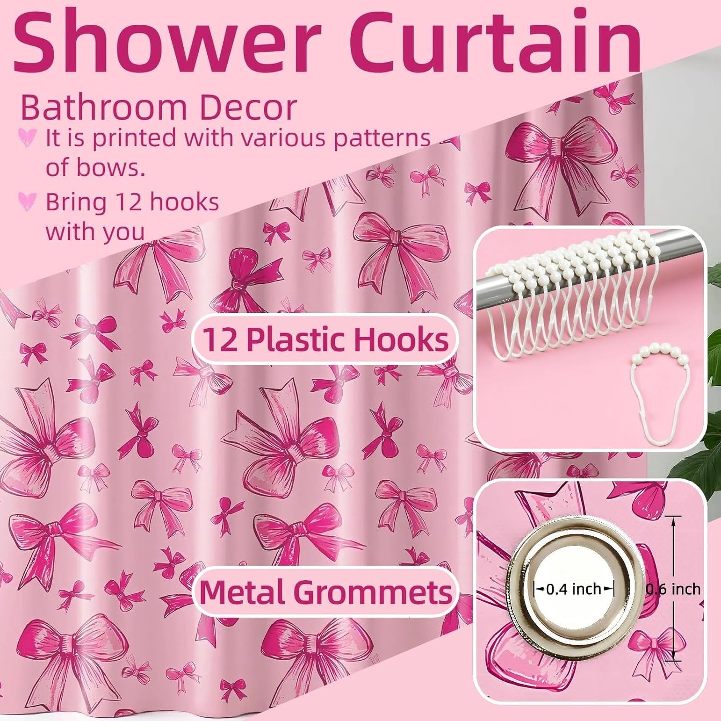 SDIII Pink Bow Shower Curtain Set 72x72 Inch, Waterproof Microfiber Cute Pink Shower Curtain Set Bowknot for Aesthetic Princess Themed Bathroom Decor