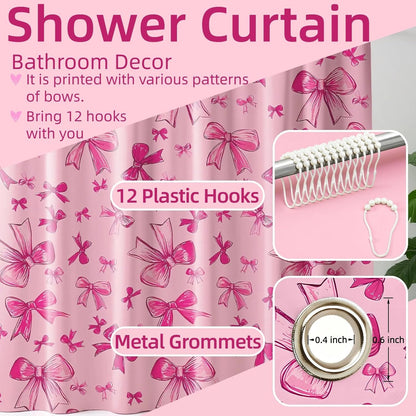 SDIII Pink Bow Shower Curtain Set 72x72 Inch, Waterproof Microfiber Cute Pink Shower Curtain Set Bowknot for Aesthetic Princess Themed Bathroom Decor