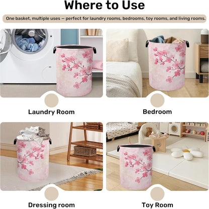 Pink Cherry Blossoms Laundry Basket - Extra Large Foldable Laundry Hamper for Bathroom/Laundry/Bedroom/Dorm, Washable Fabric Storage Bin with Handles