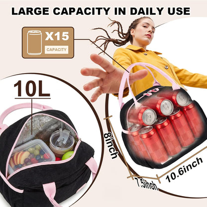 LEDAOU Lunch Box for Women Insulated Lunch Bag Cute Lunchbox Compact Cooler Thermal Reusable Lunch Tote for Work School Picnic Travel (Black-Pink)