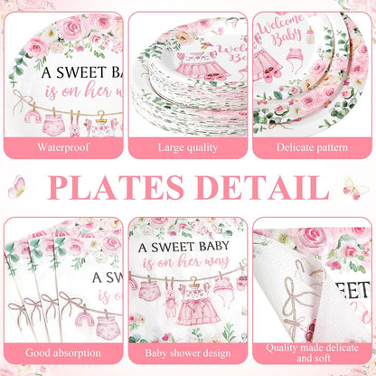Pickmesh 400 Pcs Floral Baby Shower Party Decoration Include A Sweet Baby ls on Her Way Disposable Paper Plates It's a Girl Napkins Cup Cutlery Pink Floral Sweet Girl Tableware Set Supplies Serve 50