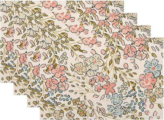 Pink Green Floral Placemats 12x18 Inch Set of 4, Cute Flower Pattern Table Place Mat Wildflowers Watercolor Washable Table Mats Decorative Linen Fabric Table Mat for Dining Table