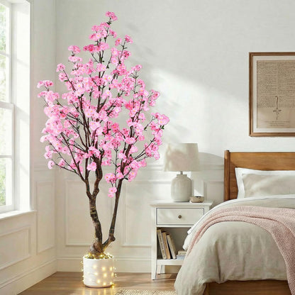 Artificial Cherry Blossom Tree, 7FT Tall Artificial Tree with White Pot, Pink Fake Sakura Flower Tree, Faux Silk Plants for Home, Living Room, Wedding, Garden, Balcony, Hotel Decoration