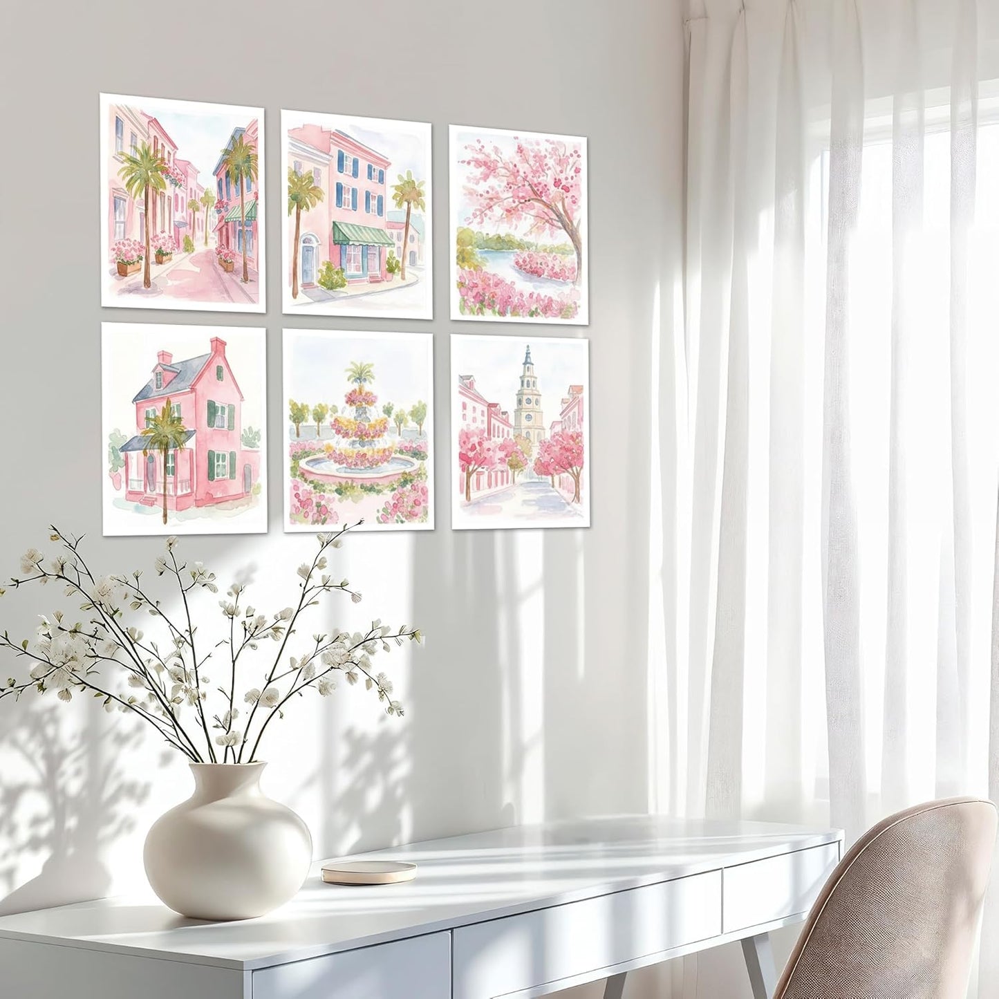 Isfvqyub Preppy Pastel Pink Charleston Wall Art, Aesthetic Coquette South Carolina Poster For Girl, Trendy Girly Church Street Wall Decor For Bedroom Dorm College Nursery, Set Of 6 -A14