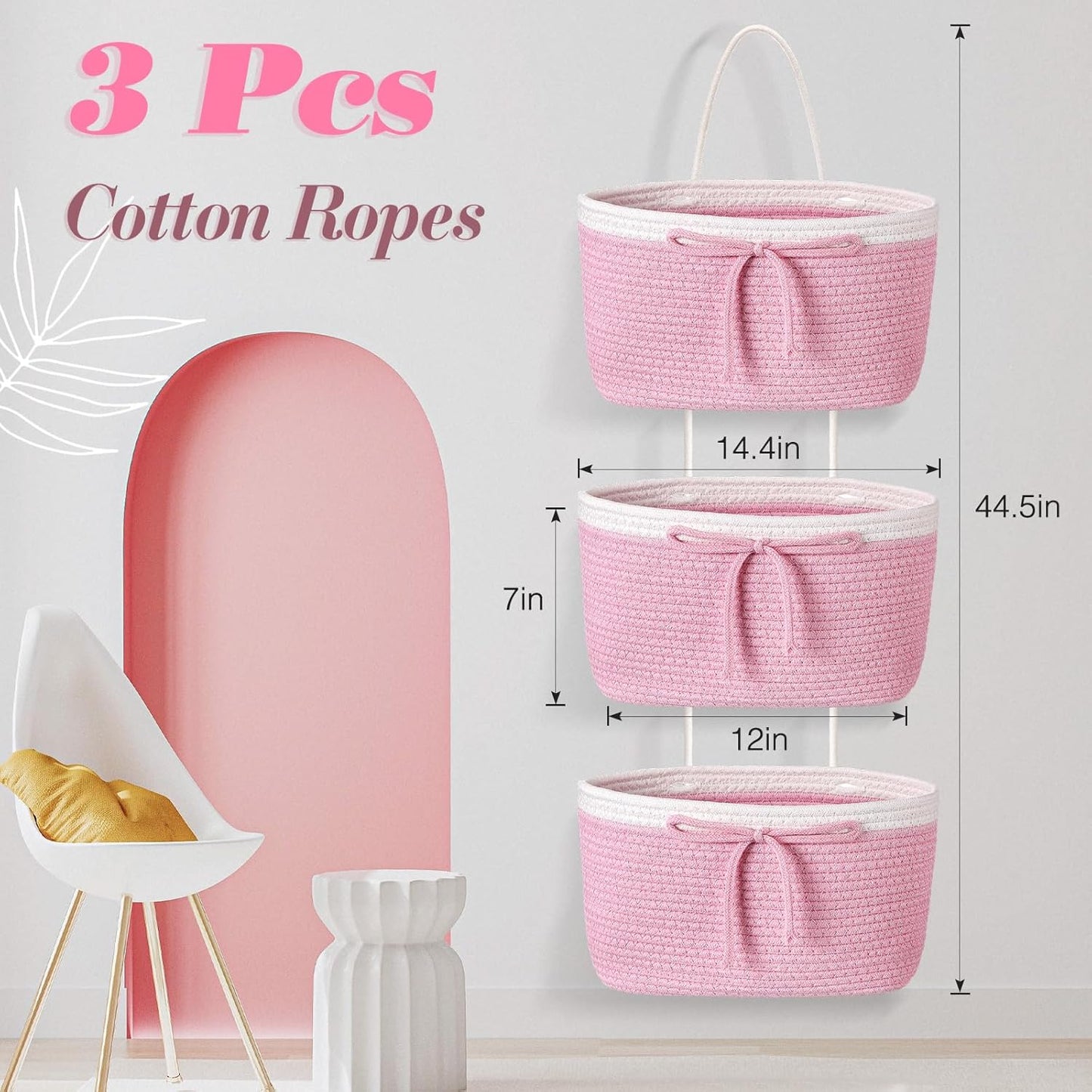 Zopeal 3 Tier Wall Mounted Woven Cotton Rope Hanging Basket Over the Door Hanging Basket with Hooks Decorative Food Snack Storage Organizer Newborn for Living Room(Pink,Bow)