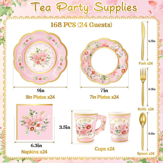 168 PCS Flower Tea Party Supplies, Pink Vintage Floral Paper Plates Napkins Cups Cutlery for 24 Guests, Floral Disposable Plates for Birthday Baby Shower Bridal Shower Wedding Party Decorations
