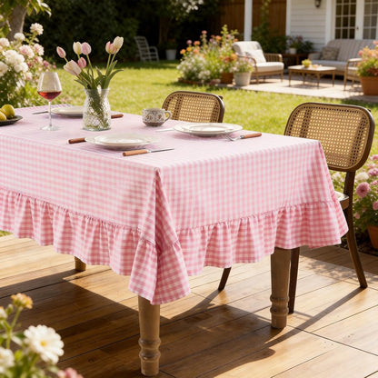 Romanstile Gingham Ruffled Tablecloth Rectangle - Waterproof Linen Cotton Checkered Table Cloth, Outdoor Plaid Table Cover for Picnic, Camping, Party - 60 x 84 Inch, Pink