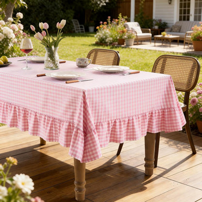 Romanstile Gingham Ruffled Tablecloth Rectangle - Waterproof Linen Cotton Checkered Table Cloth, Outdoor Plaid Table Cover for Picnic, Camping, Party - 60 x 120 Inch, Pink