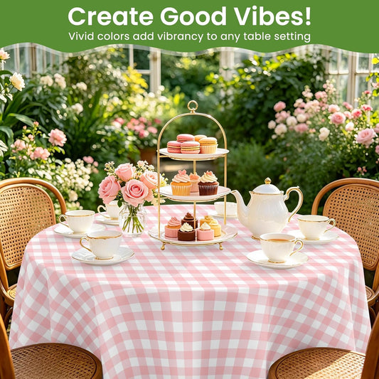6 Pack Pink and White Checkered Tablecloth, Round Pink Gingham Plastic Table Cloths for Parties Disposable, 84x84 in Waterproof Camping Tablecloth for Birthday Party Baby Shower Picnic School