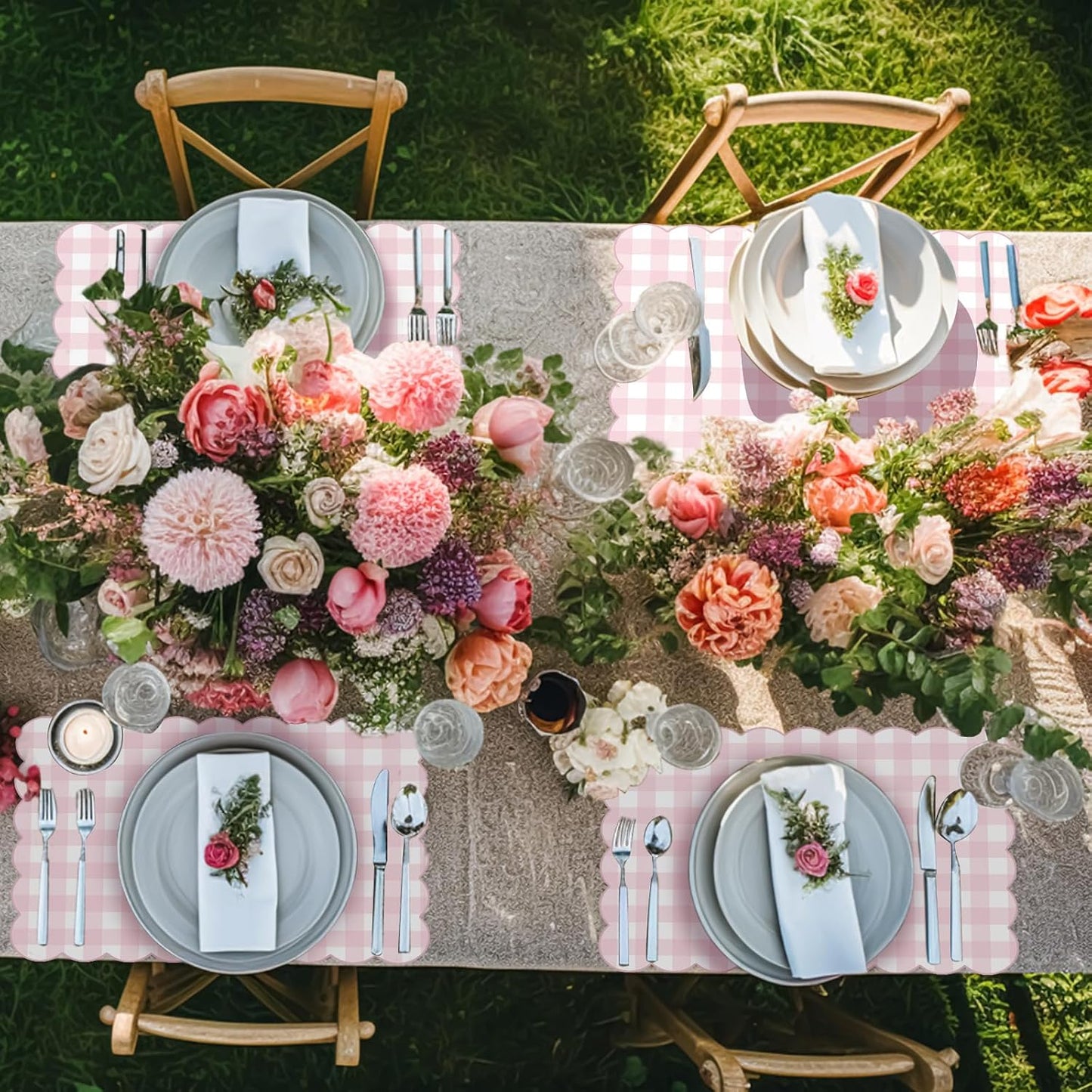 60 Pcs Pink Gingham Paper Placemat Party Supplies Gift Scalloped Table Placemat 17.7 X11.8 Inch Disposable Decorative Paper Mats Bulk for Valentine's Anniversay Baby Shower Wedding Banquet