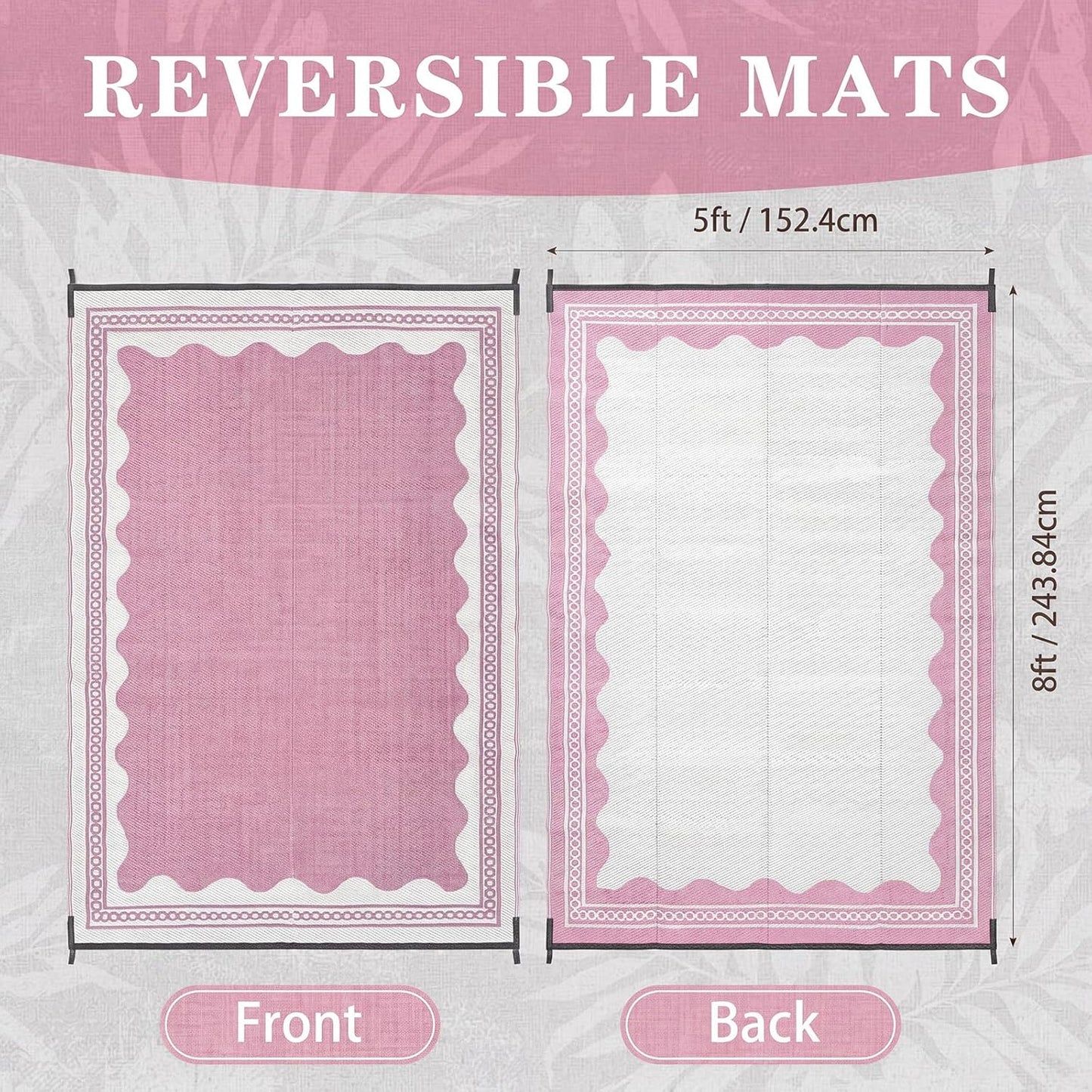 Dunzy Scalloped Outdoor Patio Rug, 5 x 8 ft Non-Slip Plastic Straw Scalloped Carpet Waterproof Indoor Outdoor Area Mat for Outside Rv Camping Deck Pool Beach Porch Backyard(Pink)