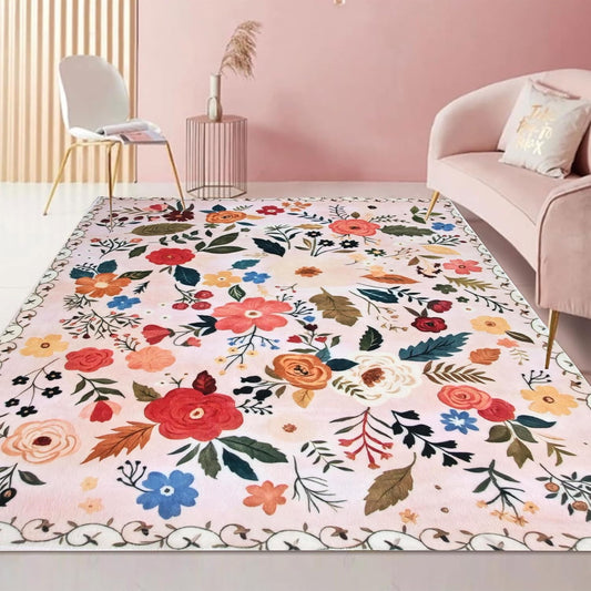 Floral Rug 4x6 Washable Low Pile Living Room Vintage Rug Soft Print Non-Slip Bedroom Carpet for Office Dining Room Home Decor（Pink）