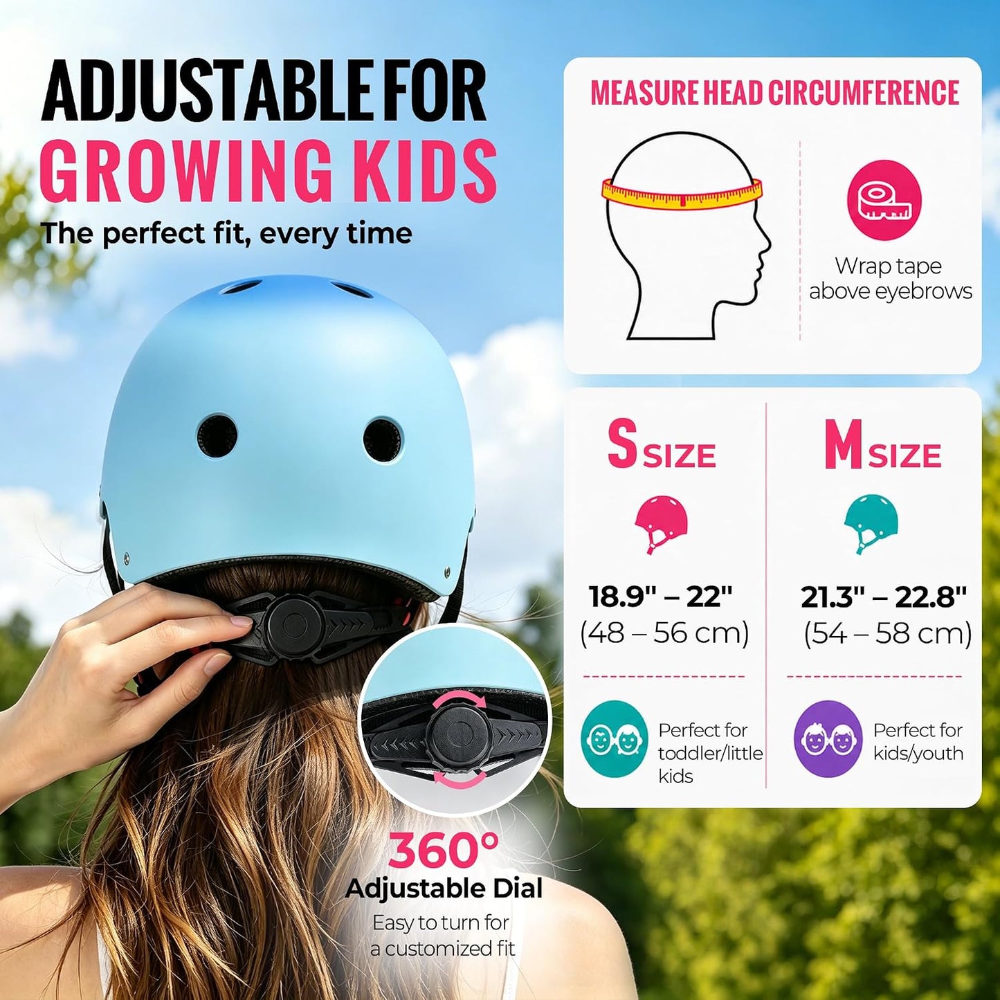 Kids Bike Helmet, Toddler Helmet for Youth Boys Girls Ages 3-5/5-8/8-14 Year Old, Adjustable Fit & Lightweight, Multi-Sport Safety for Skateboard Skating Bicycle Scooter Cycling
