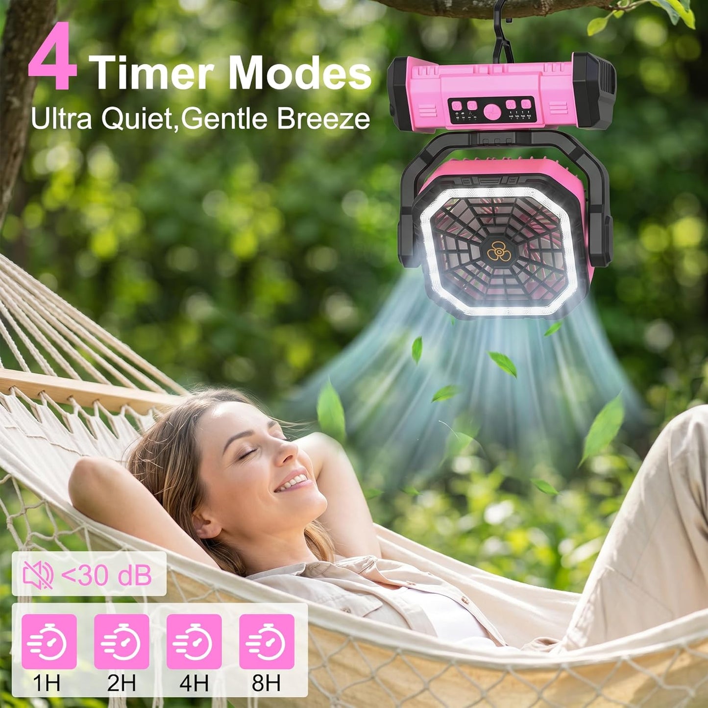 Honesorn Portable Fan Rechargeable 20000mAh, Camping Fan with LED Light & Remote, USB C Cordless Battery Powered, 4 Speeds Timer Hanging Hook for Travel Tent Outdoor Essentials - Pink