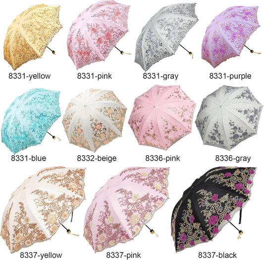 Vintage Lace Umbrella, UPF50+ Sun Umbrella, 3D Flower Chinese Embroidery Compact Folding Umbrella for Walking, Wedding, Tea Party,Photo Shooting