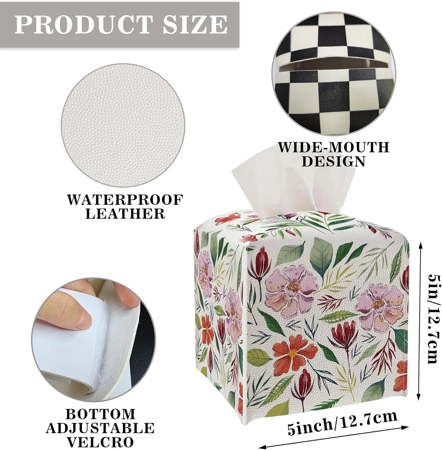Tissue Box Cover - Pink Flowers PU Leather Tissue Box Holder with Elastic Bottom Strap,5.2x5.2Inch Tissue Box Decor for Bathroom Nightstand, Dresser, Office Desk, Bedroom (Flower&Leaves)