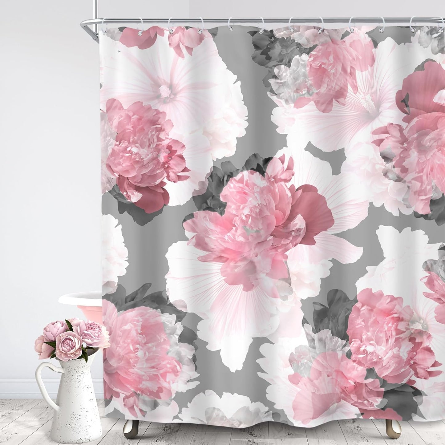 SVBright Pink Gray Flower Shower Curtain, Peony Floral Spring Watercolor Shower Curtain Woman Rose Nature Abstract Modern 60Wx72L Inch 12 Pack Hooks Polyester Waterproof Fabric Bathroom Panels