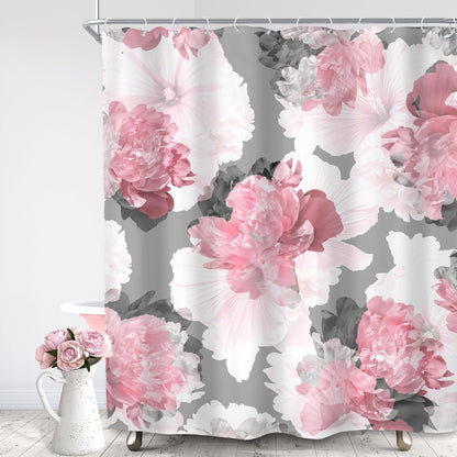 SVBright Pink Gray Flower Shower Curtain, Peony Floral Spring Watercolor Shower Curtain Woman Rose Nature Abstract Modern 60Wx72L Inch 12 Pack Hooks Polyester Waterproof Fabric Bathroom Panels