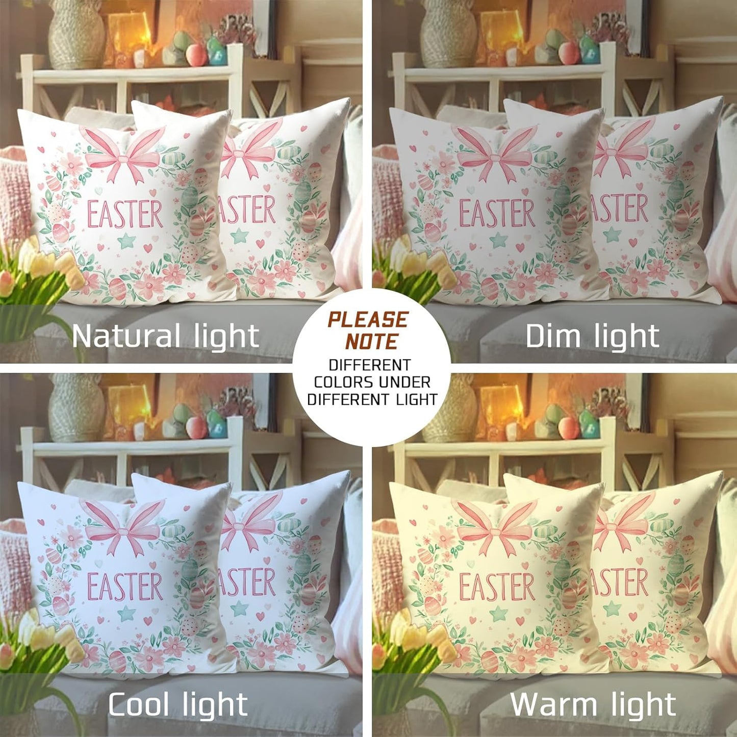 Easter Pillow Covers Set of 2, Pastel Peach Floral Wreath Decorative Throw Cushion Covers, Spring Festival Home Sofa Bed Decor, Cute Egg and Bow Design 20x20 Inch