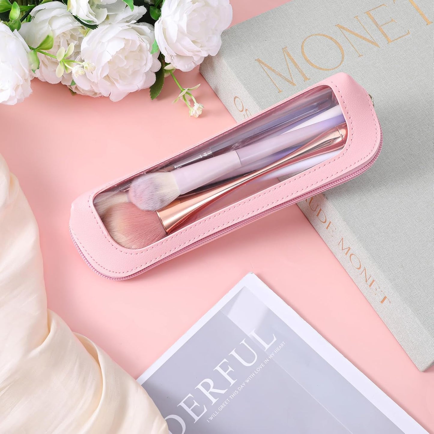 Psyqtsuary Small Clear Makeup Bag, PU Leather Travel Makeup Brush Bag Portable Transparent Waterproof Cosmetic Organizer Pouch with Zipper for Women Home Travel Office Cosmetic Storage (Pink)