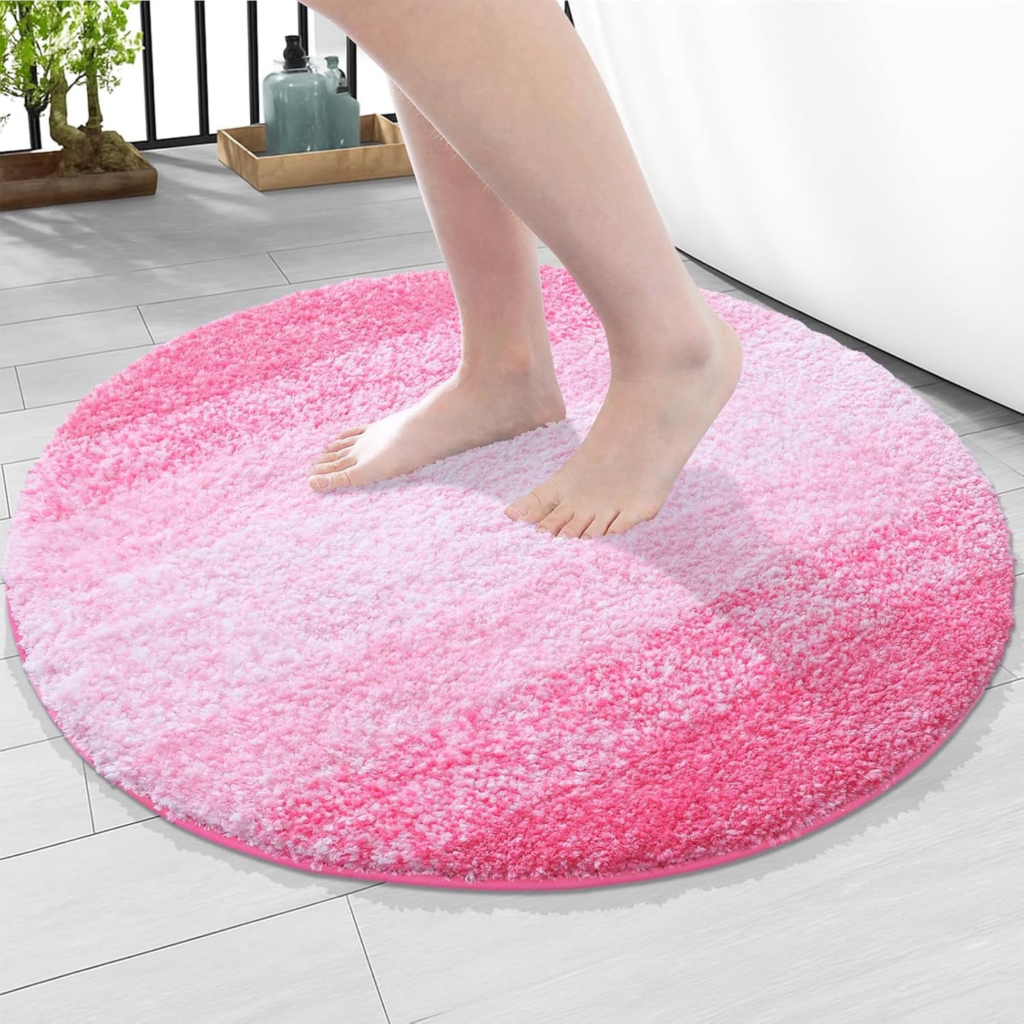 Arotive Microfiber Bathroom Rugs, Shaggy Soft and Absorbent Bath Rug, Non-Slip, Thick Plush Machine Washable Dry Bath Mats for Bathroom, Tub and Shower, 24x24, Pink, Round