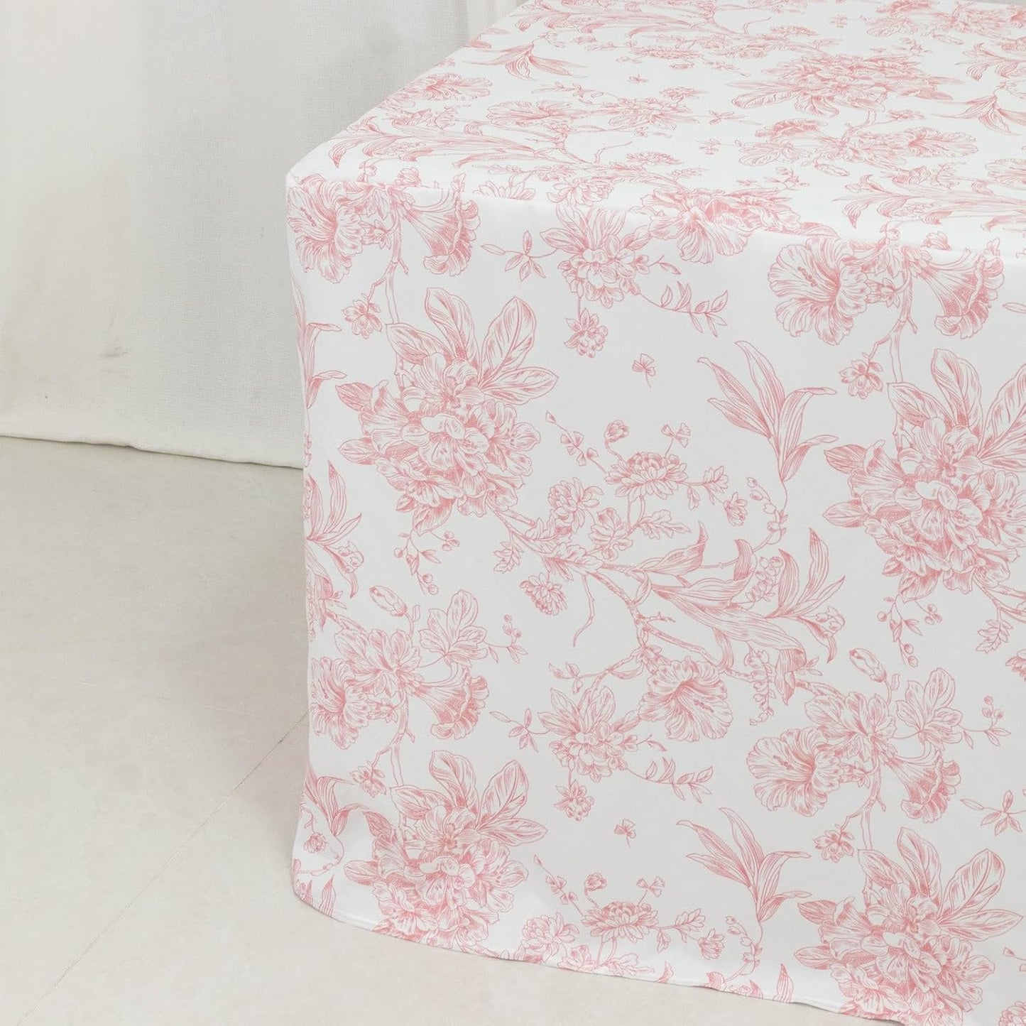 Efavormart French Toile Fitted Polyester Tablecloth 6ft – Pink & White Rectangular Wrinkle-Resistant Table Cover