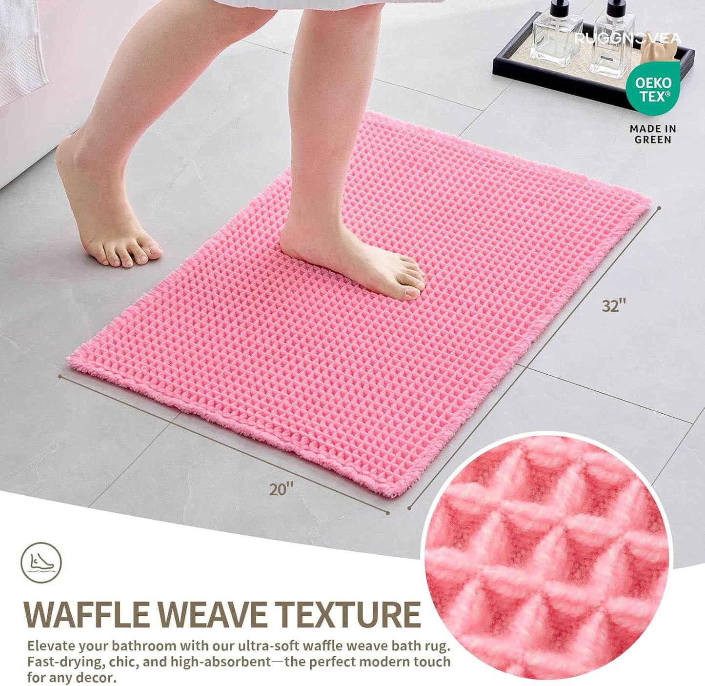 Waffle Bath Mat Non Slip Washable 32x20, Super Absorbent Quick Dry Boho Bathroom Rugs with Tassels, High Density Non Slip Backing, Luxury Carpet for Tub&Shower, Pink