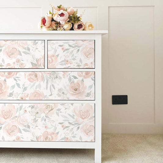 Ismoon Floral Peel and Stick Wallpaper Boho Pink and White Contact Paper Watercolor Stick on Wall Paper Removable Self Adhesive Vinyl Wallpaper for Bedroom Accent Wall Cabinet Decor 17.3x393in