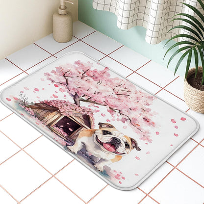 Fanciful Floral Quick Dry Bath Mat, Peach Dog and Cherries Blossom Absorbent Non Slip Shower Mat, Spring Decorative Washable Bath Rugs for Bathroom Toilet Restroom 20x32 Inch