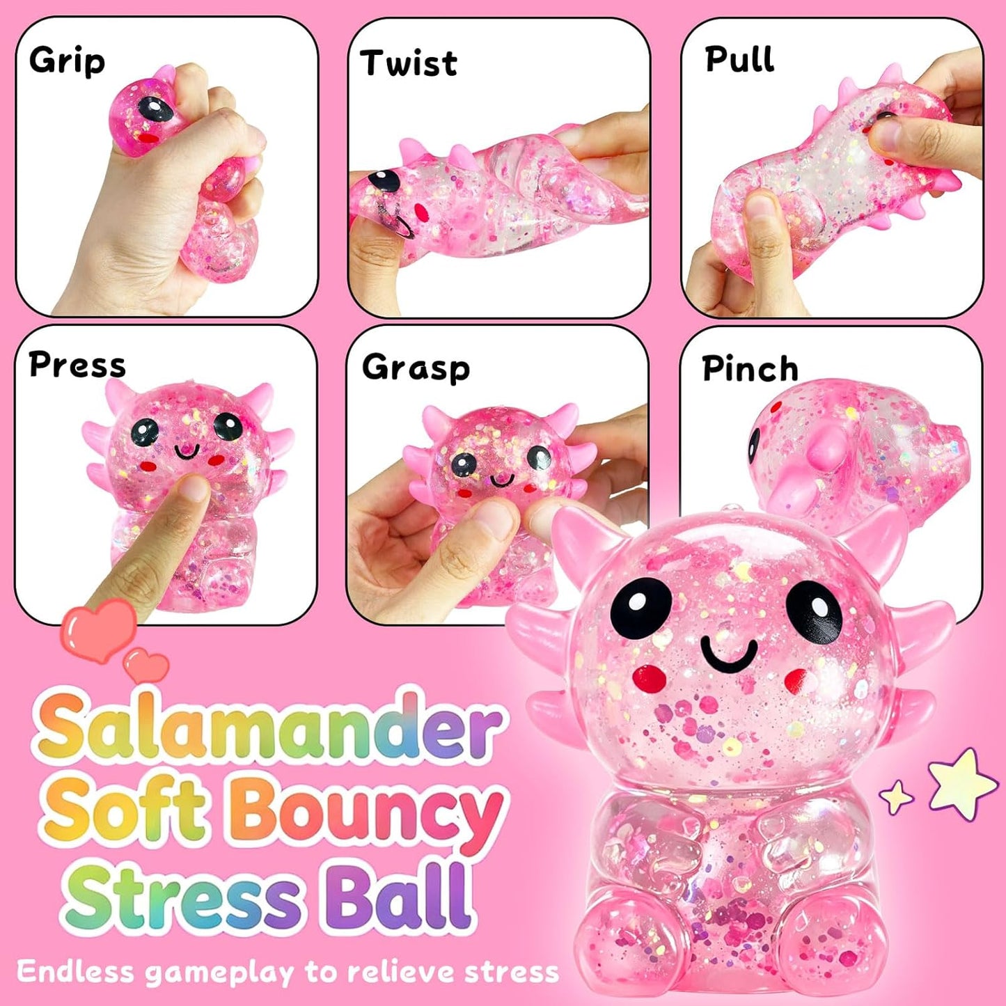 1PCS Glitter Axolotl Squishy, Slow Rising Squeeze Toy, Cute Axolotl Fidget Toy for Stress Relief, Calming Sensory Toy for Kids Adults, Party Favor Gifts (Pink)