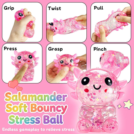 1PCS Glitter Axolotl Squishy, Slow Rising Squeeze Toy, Cute Axolotl Fidget Toy for Stress Relief, Calming Sensory Toy for Kids Adults, Party Favor Gifts (Pink)