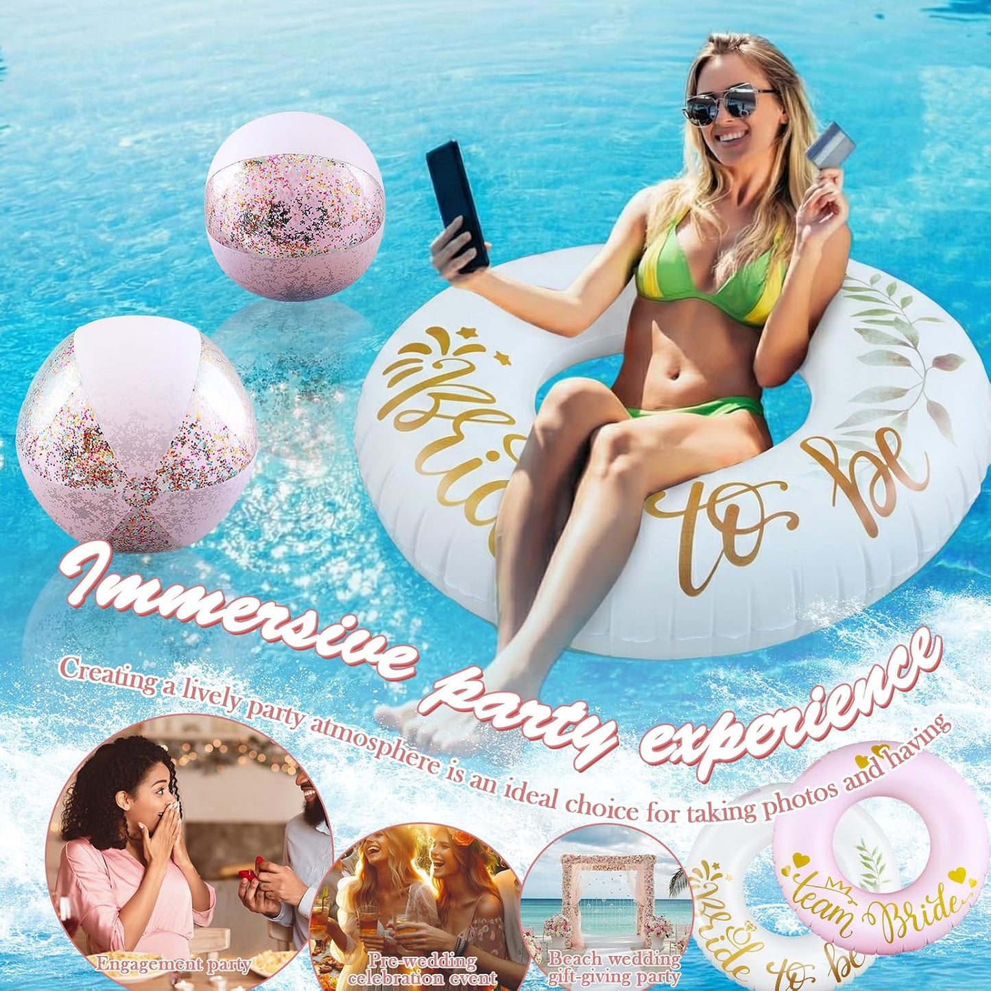 6 Pcs Bachelorette Pool Floats Set, 3 Team Bride Inflatable Heart Swim Rings 36" & 3 Beach Balls 16", Aesthetic Pink White Bachelorette Party Decorations, Bridal Shower Gifts, Photo Props