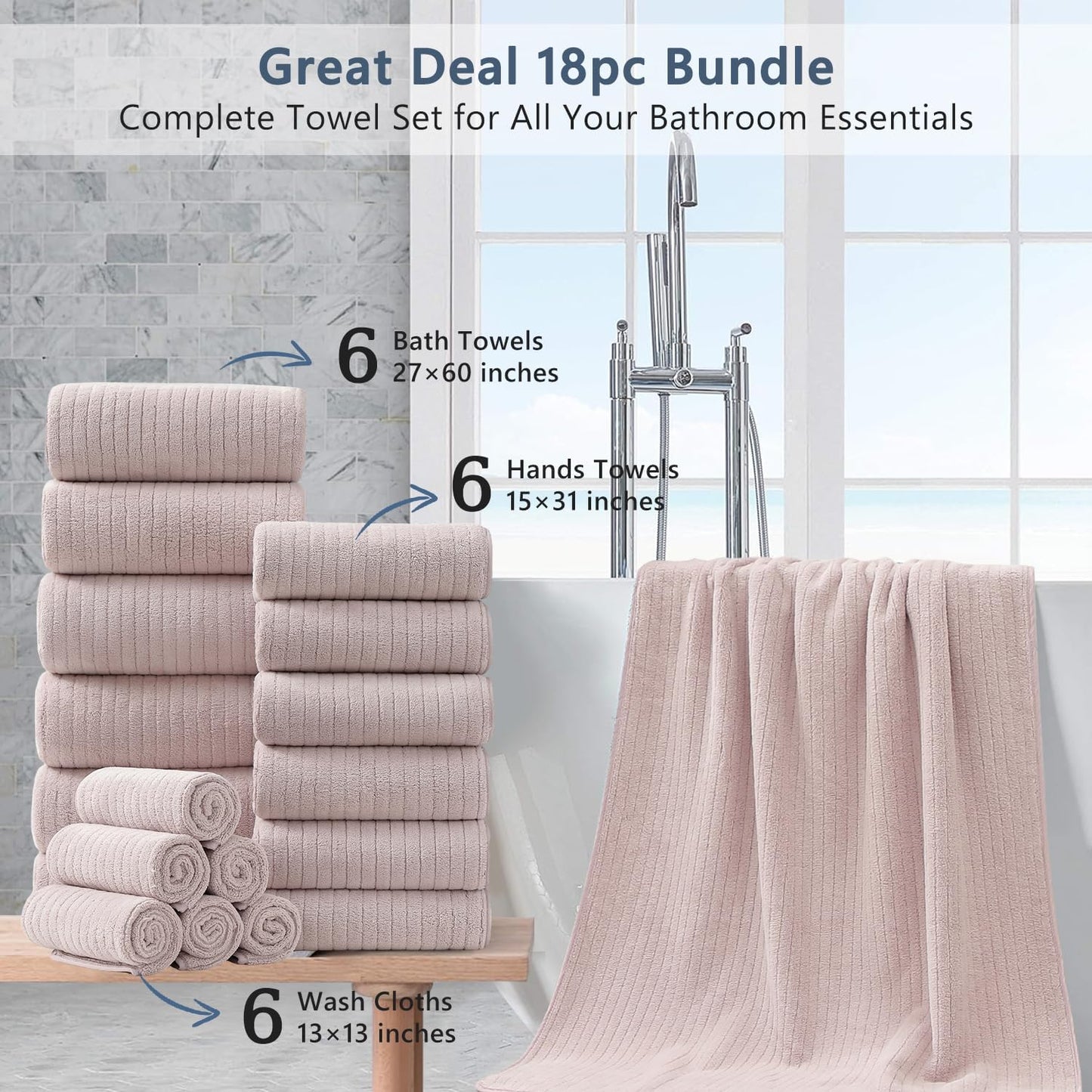 18 Piece Bath Towels Set,Soft Family Bathroom Towel Set with Hanging Loops-6 Bath Towels,6 Hand Towels,6 Washcloths,Highly Absorbent Quick Dry Shower Towel for Bathroom,Hotel,Spa-Blush Pink Towel Set