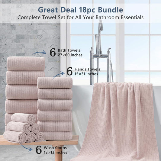 18 Piece Bath Towels Set,Soft Family Bathroom Towel Set with Hanging Loops-6 Bath Towels,6 Hand Towels,6 Washcloths,Highly Absorbent Quick Dry Shower Towel for Bathroom,Hotel,Spa-Blush Pink Towel Set