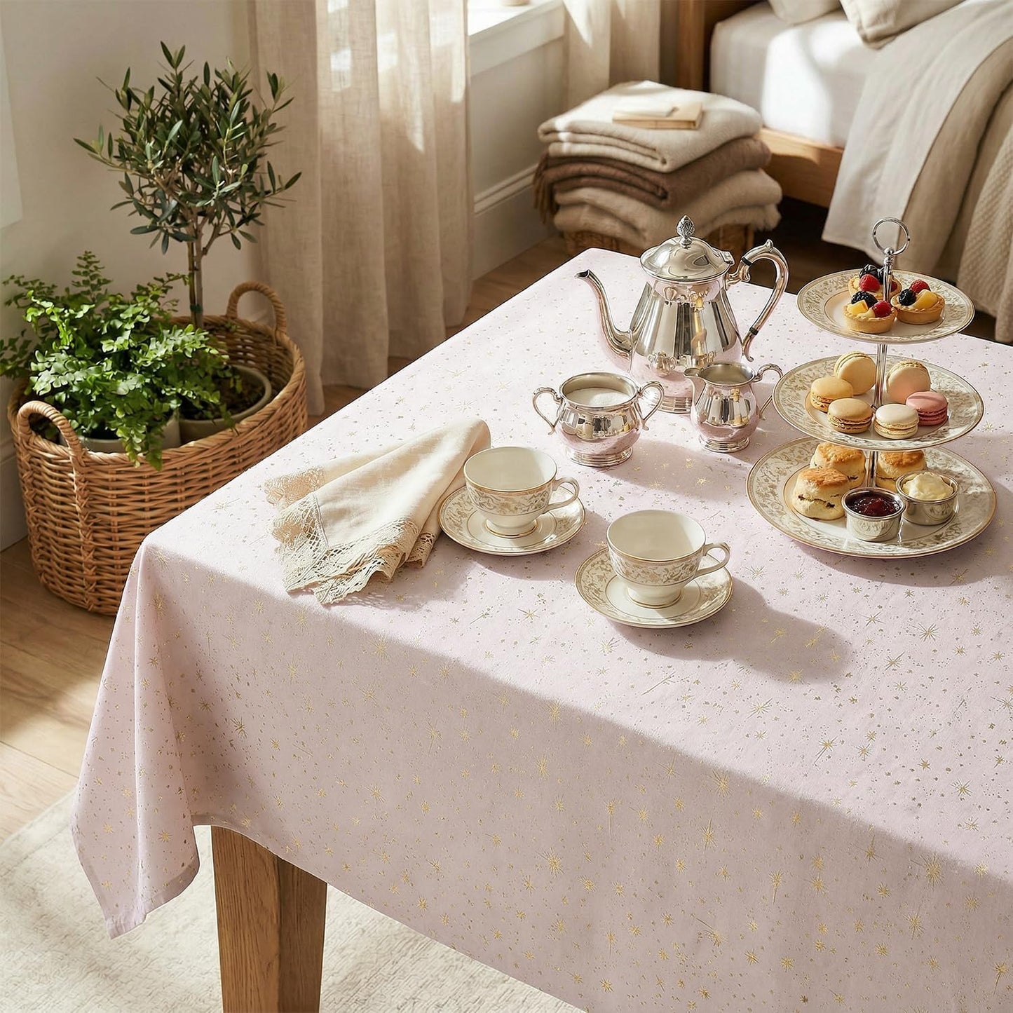 Horaldaily Pink Tablecloth 60×84 Inch Rectangular, Solid Rectangle Table Cloth with Golden Star Sequin, Spring Summer Table Cover for Wedding, Party, Banquet, and Events