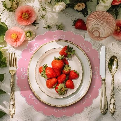 4 Pcs Pink Bow Placemats Coquette Embroidered Place Mats Pink Cotton Decorative Table Mats for Home Wedding Baby Shower Birthday Party Decor(Round Embroidered)