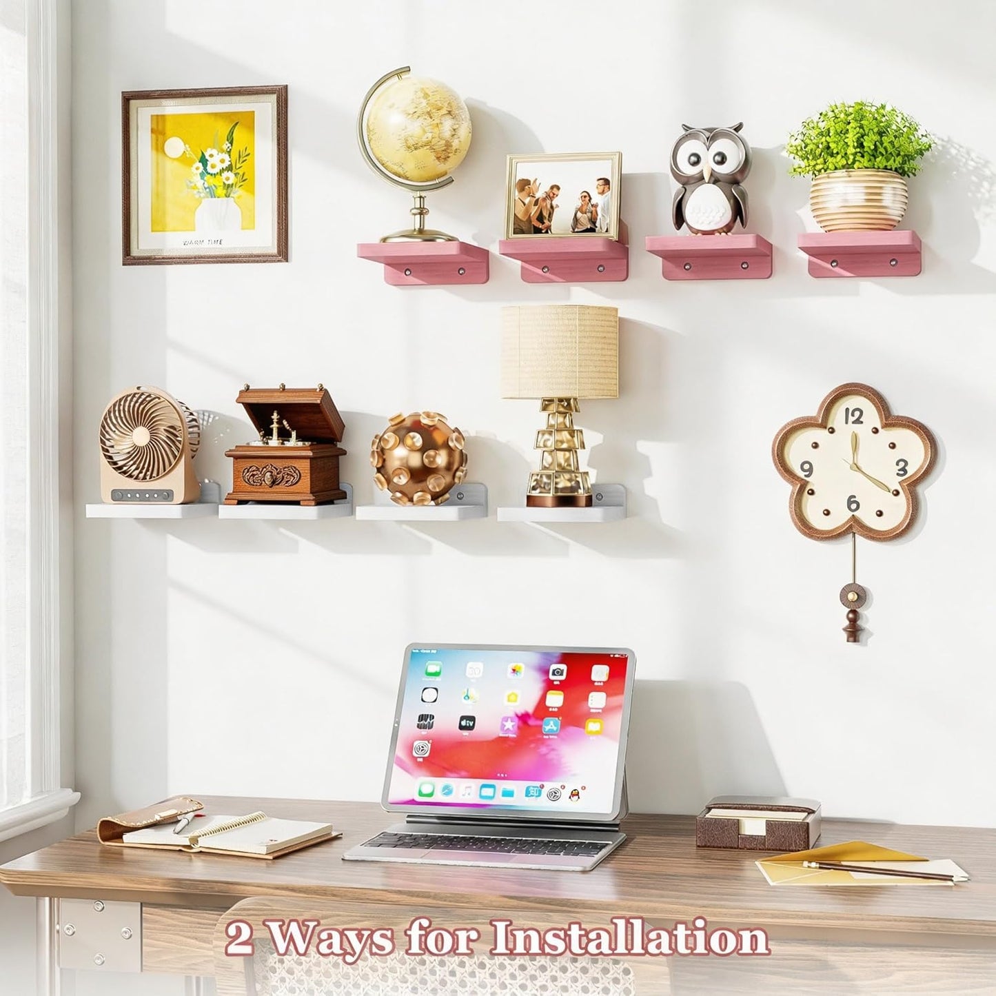 SRIWATANA Small Floating Shelves Wall Mounted, Wood Shelf for Decoration and Storage Set of 4, Mini Display Shelf for Bedroom, Bathroom, Kitchen, Office (Pink, 5 inch)