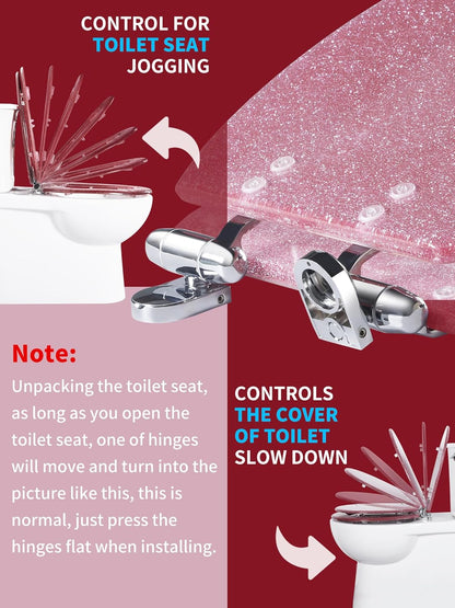 Angol Shiold ROUND Resin Toilet Seat Glitter Pink Soft Close Quick Release Adjustable Metal Hinge Easy to Install also Easy to Clean Decorative Acrylic Seats (17 Inch, Pink Glitter, Ugraded hinge)