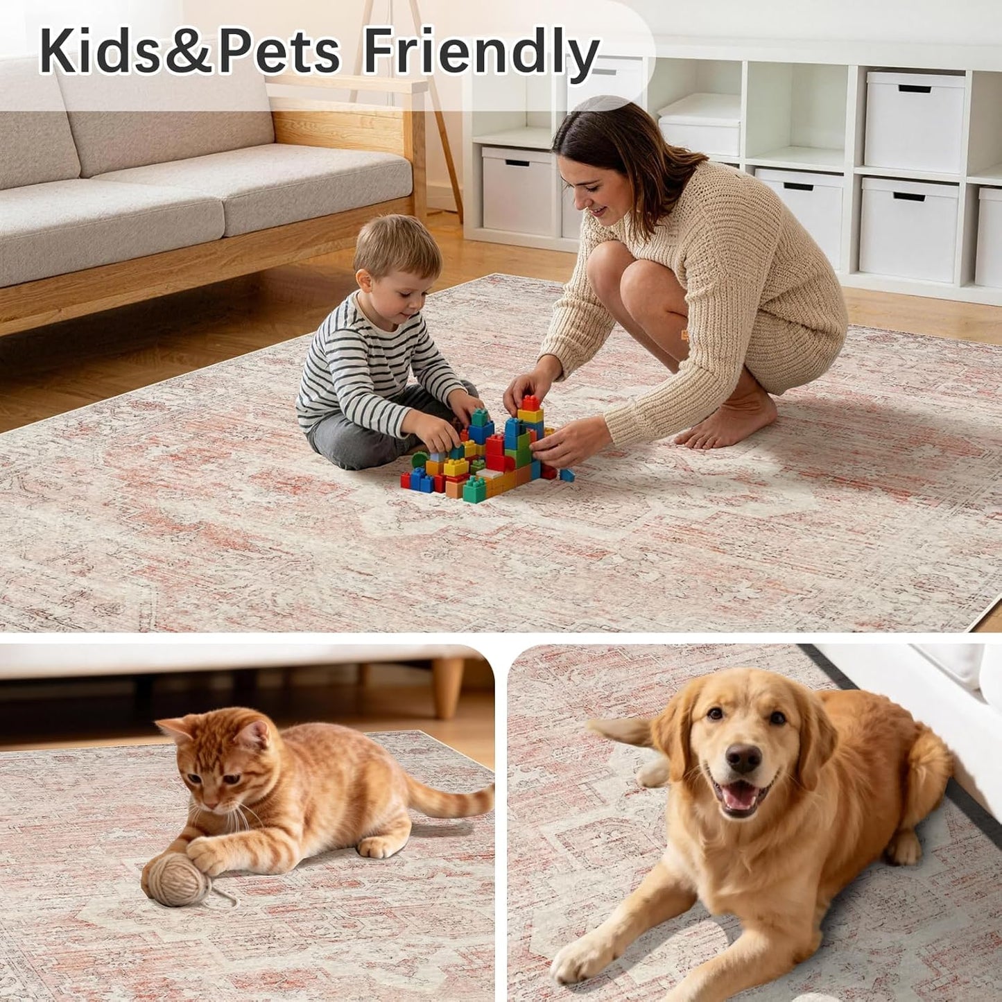 Pink Rug 5x7 for Living Room - Machine Washable Stain Resistant Area Rug for Girls Bedroom Dinning Room - Soft Faux Wool Non Slip Low Pile Carpet for Kids Nursery Room Home Office