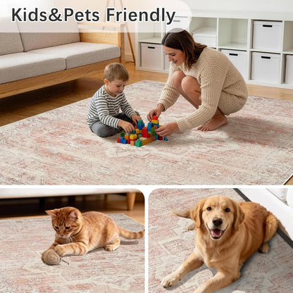 Pink Rug 5x7 for Living Room - Machine Washable Stain Resistant Area Rug for Girls Bedroom Dinning Room - Soft Faux Wool Non Slip Low Pile Carpet for Kids Nursery Room Home Office