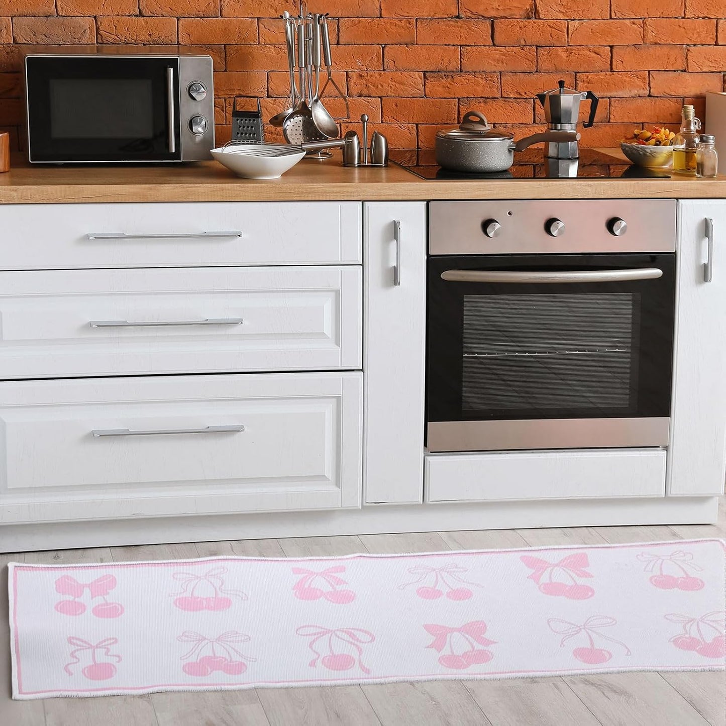 Drydiet Pink Bow Kitchen Rug Mat 2 pcs, Non-Slip Kitchen Rug Waterproof Decorative Anti-Fatigue Floor Mats for Cooking, Dining, Floor, Sink, 17"x47.2"+17"x30" (Pink Row)